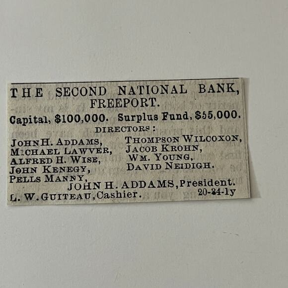 The Second National Bank John H. Addams 1876 Freeport IL Clipping SAJ2-S79 - Picture 1 of 2